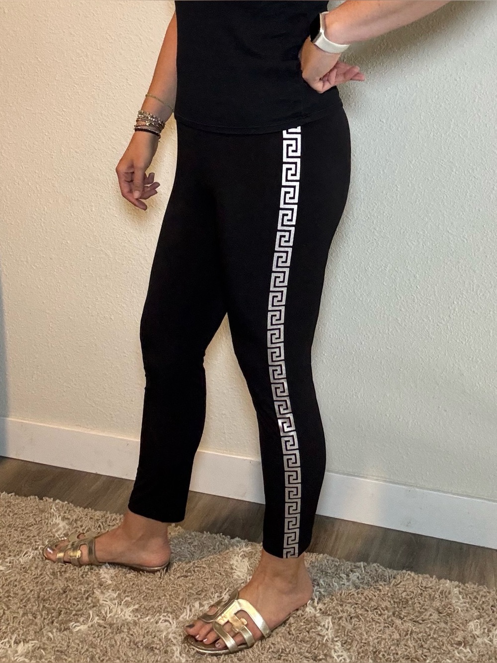 NWT Simon Chang Black Leggings with Silver Foil Greca Stripe size Medium